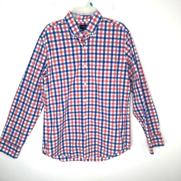 J. Crew button down up shirt men's size medium pink blue white plaid checked - Picture 1 of 13
